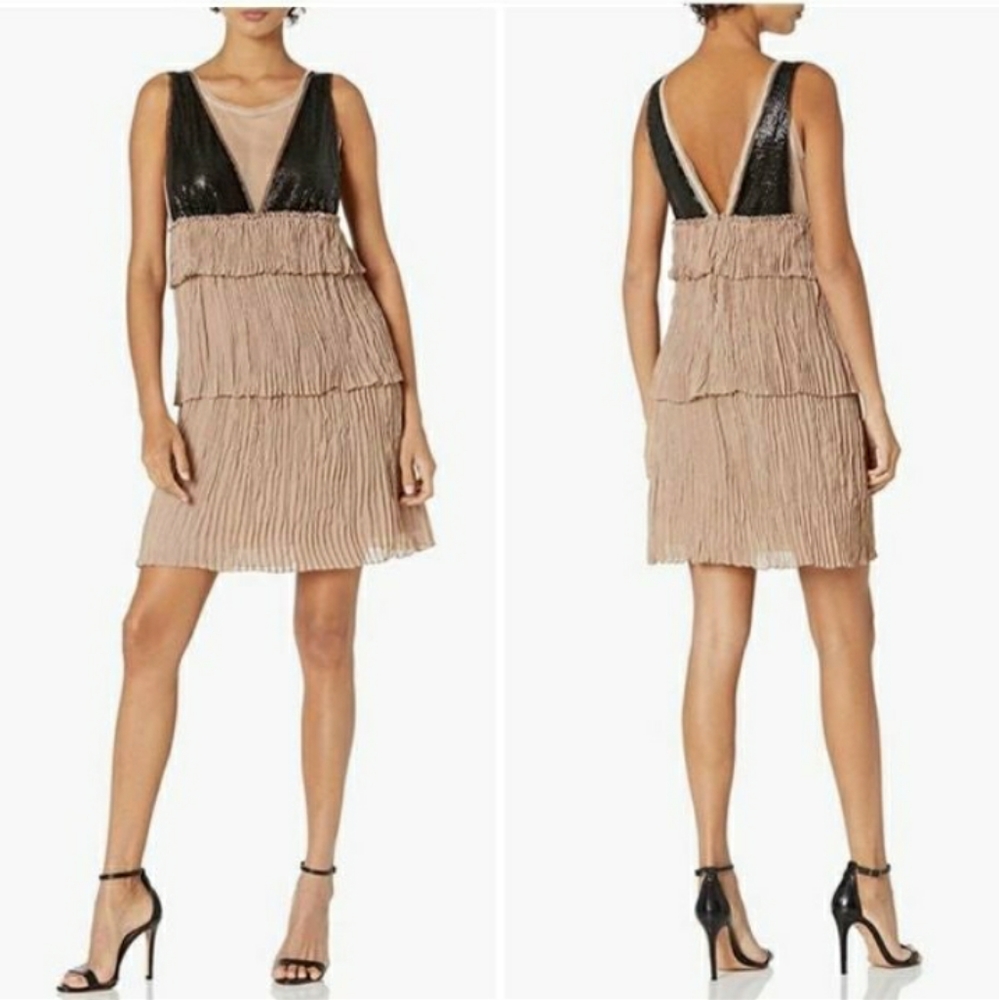 BCBGMAXAZRIA DRESS TIERED SLEEVELESS BLUSH NUDE BLACK SEQUIN TRIM WOMENS XS